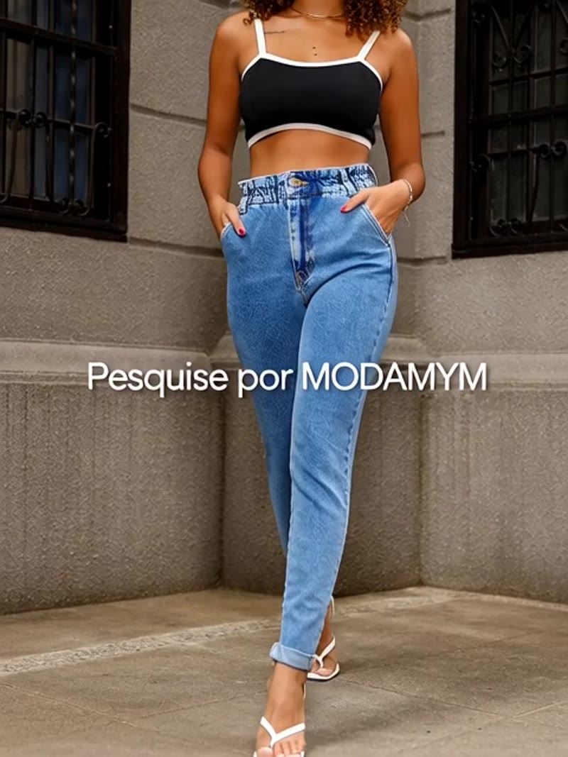 Seu Look Completo escolhido pela IA: Calça Jeans Mom Clochard Cintura Alta Feminino Consciência Azul + Natura Kriska Shock | Modamym