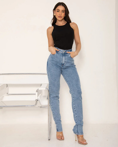 Calça Jeans Mom Feminina Cintura Alta Elastano Sky Claro