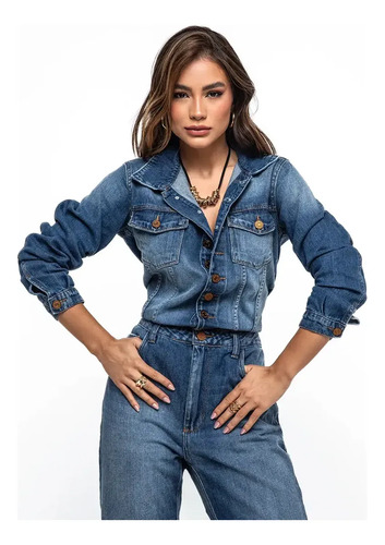 Macacão Jeans Oversized Feminino Manga Longa 23711