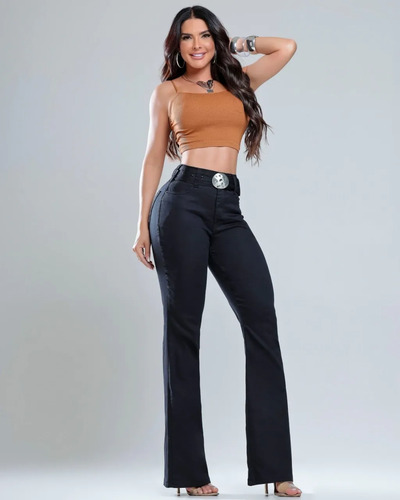 Calça Jeans Sarja Preta Flare Cintura Alta Cós Sem Costura